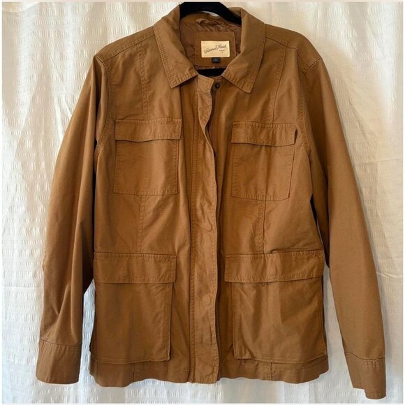 Womens tan utility cargo shacket jacket button-down cinched waist  MEDIUM - Picture 2 of 9